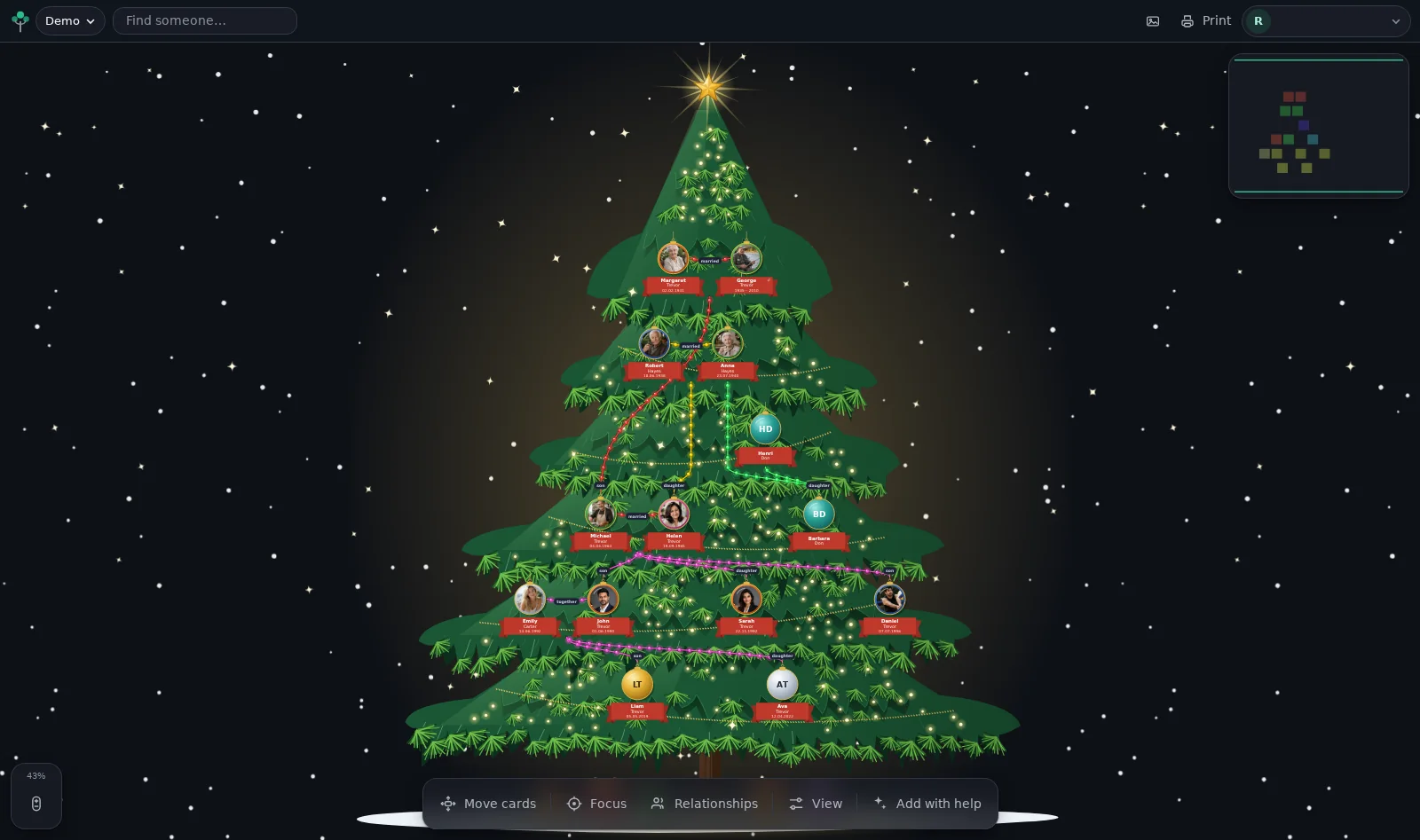 The SukuTree app with the whole family as a Christmas tree: portraits in baubles, strings of lights and a star at the top.