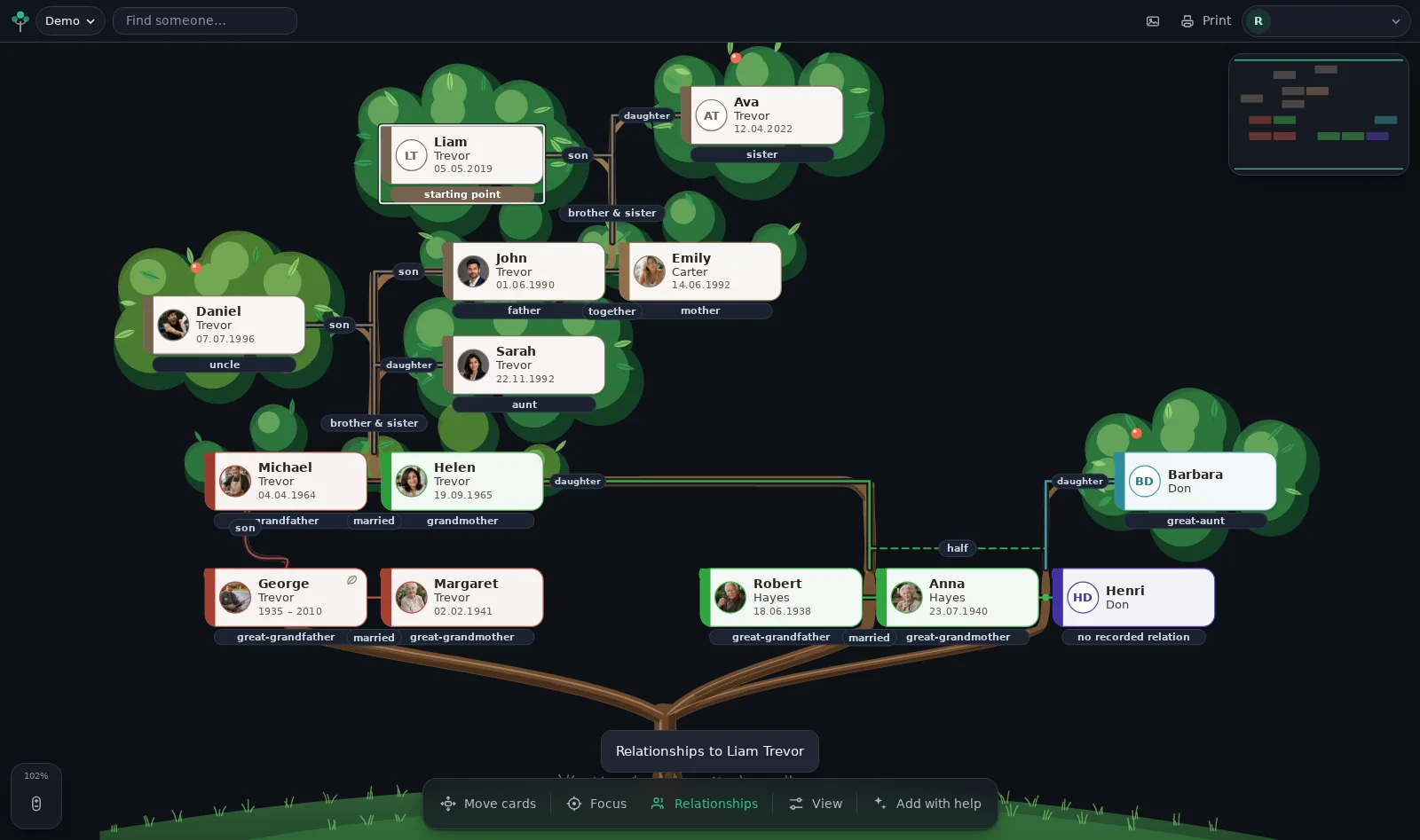 The SukuTree app after tapping Liam Trevor: under each card it says what that person is to Liam, such as father, aunt, grandmother and great-aunt.