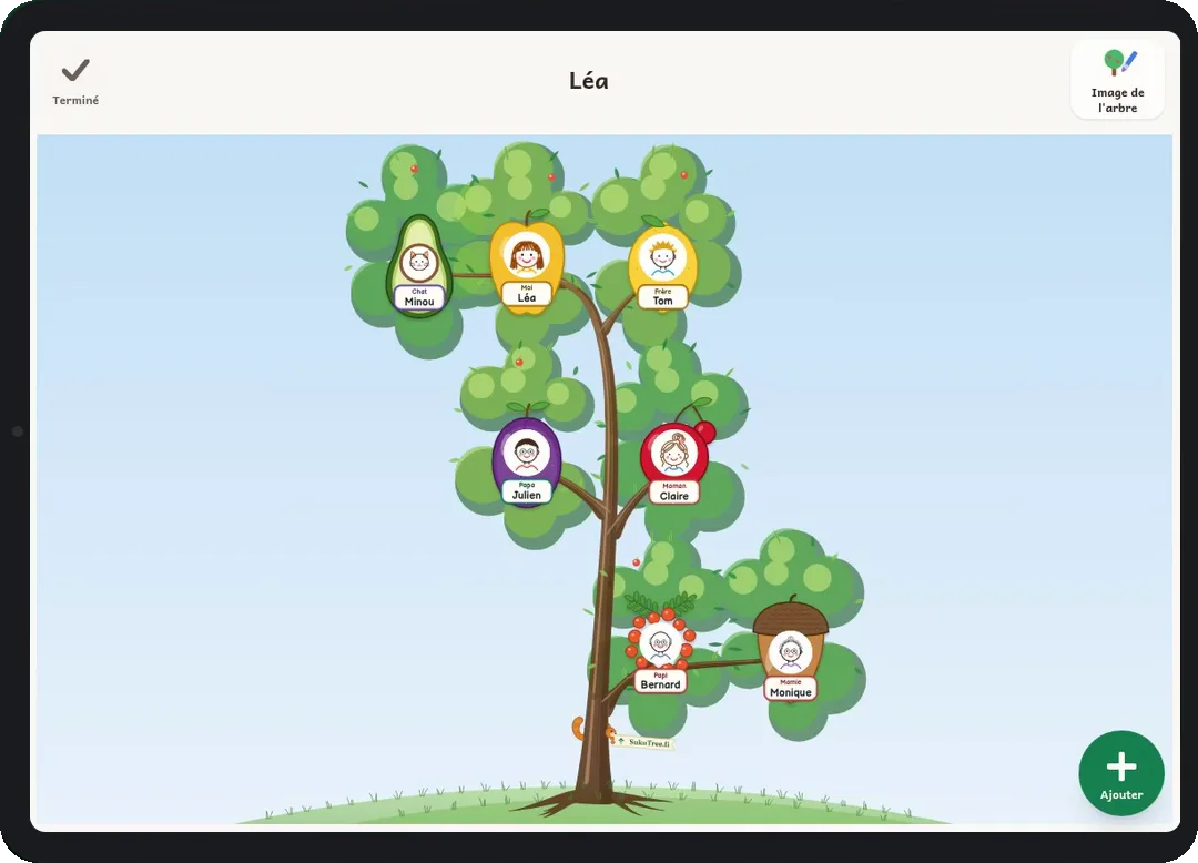 L'arbre généalogique d'un enfant dans SukuTree Kids sur une tablette : un arbre peint avec des cartes en forme de fruits, chacune avec un visage dessiné et un prénom.